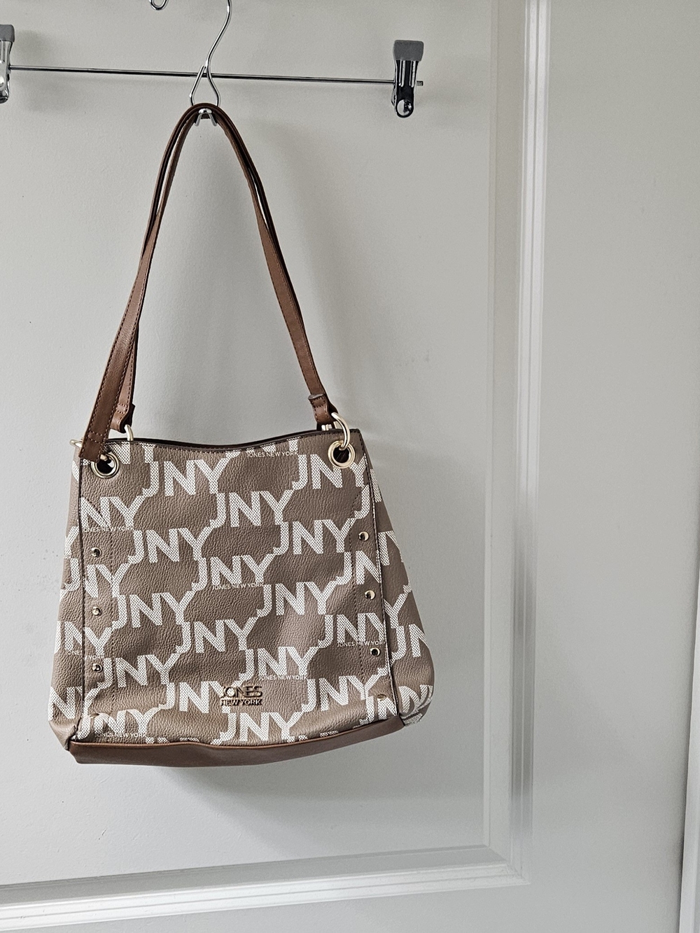 JNY Beige & White Monogram Shoulder Bag with Leather Trim